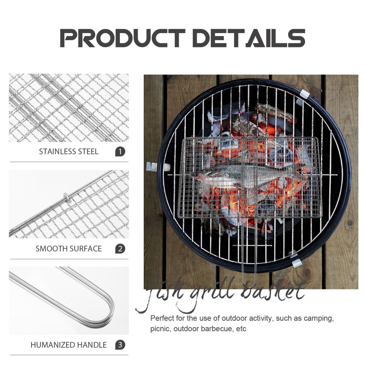 BESPORTBLE Fish Grill Basket, Fish Grilling Basket for Outdoor Stainless Steel Folding Grill Accessories Grill Basket for Bar Camping Picnics Parties