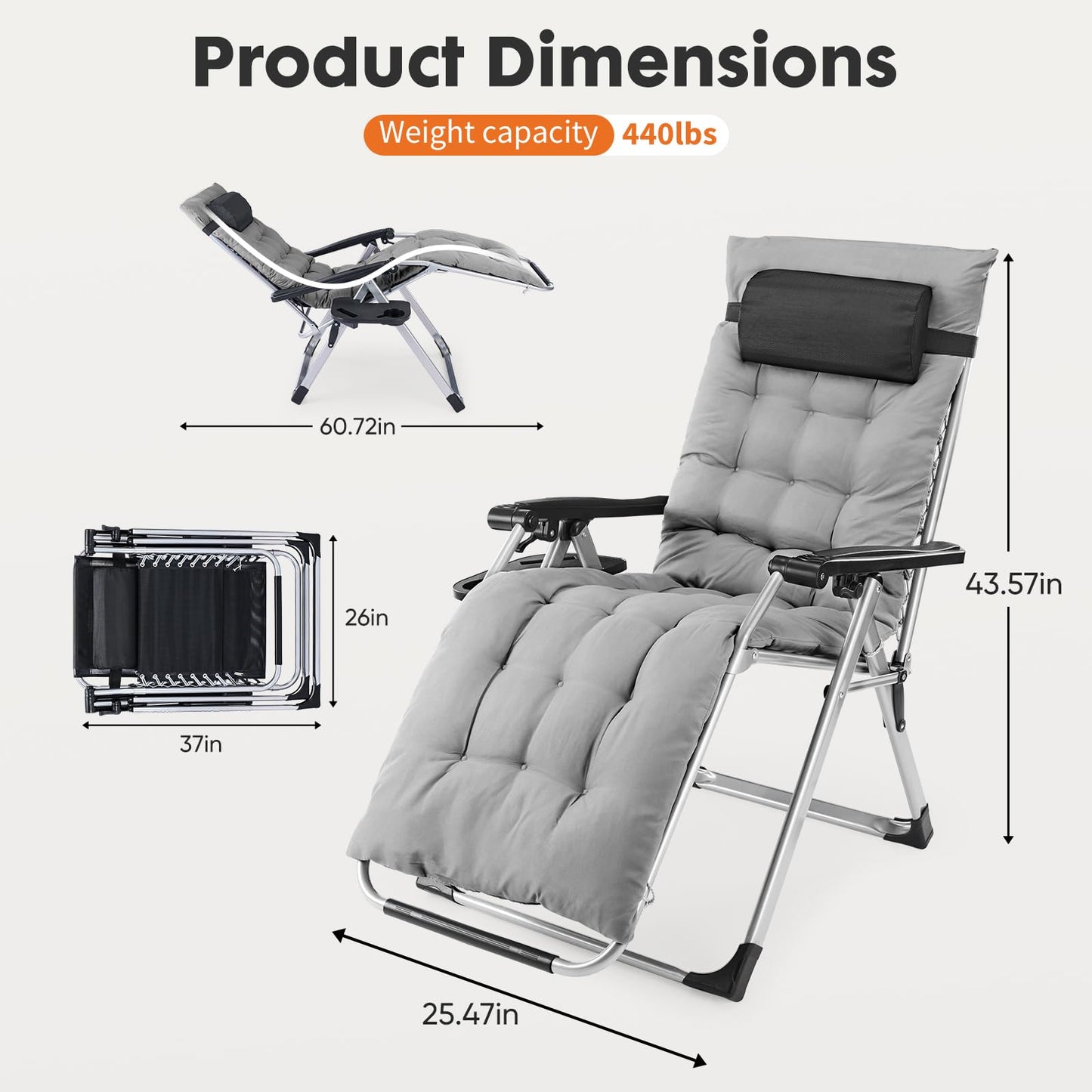 DUMOS Zero Gravity Chair, Reclining Camping Lounge Chair for Outdoor, Reclining Patio Chairs with Cup Holder Trays and Removable Cushion, Folding Recliner for Indoor, Grey