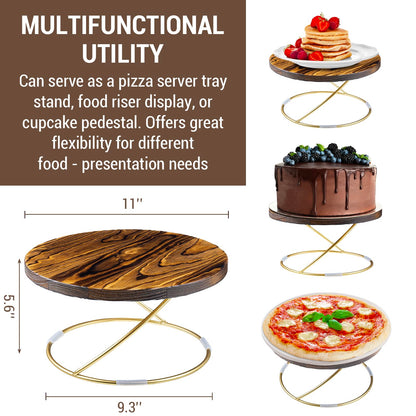 MyGift 11-Inch Round Pizza Pan Pedestal Stand – Rustic Burnt Wood with Gold Tone Metal Wire Base Display Riser, Ideal for Wedding, Party, Dessert, Cake, Cupcake, and Pie Display