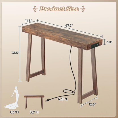 Huuger Entryway Console Table with Charging Station, USB-C Port, 47.2 Inch Sofa Table with Metal Legs, Entry Hallway Table with Thicker Desktop, Modern Behind Couch Table, Rustic Brown