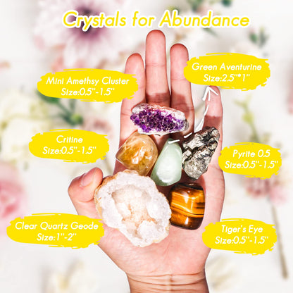 QianCannaor Crystals and Healing Stones Set for Anxiety, Relaxation Spiritual Crystals Gift for Meditation, Manifestation, Zen, Reiki, Fengshui (Abundance)