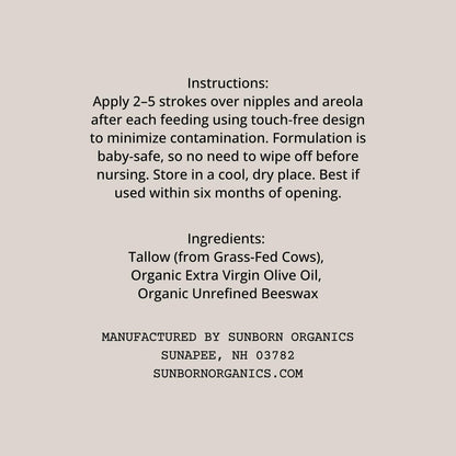 Sunborn Organics Nipple Balm | Nursing-Safe Lanolin-Free Nipple Cream with 3 Edible Ingredients for Sore or Cracked Nipples | Safe for Baby, No Wipe-Off, Third-Party Tested | Made in USA