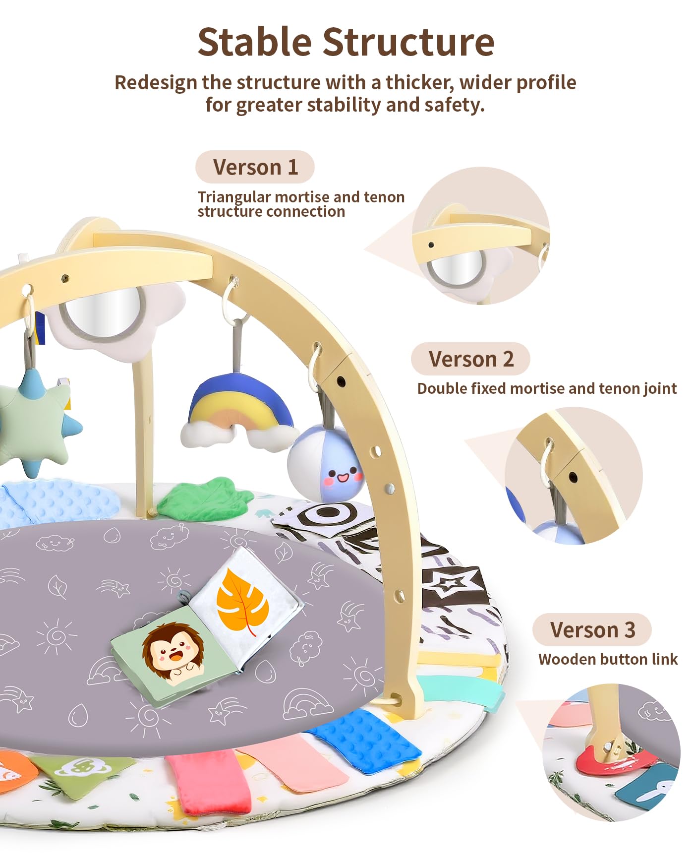Baby Play Gym Activity Mat, WOOD CITY Tummy Time Play Mat for Babies 0-6 Months with 6 Detachable Newborn Infant Toys, Promote Motor Skills & Sensory Development Baby Essentials Gift