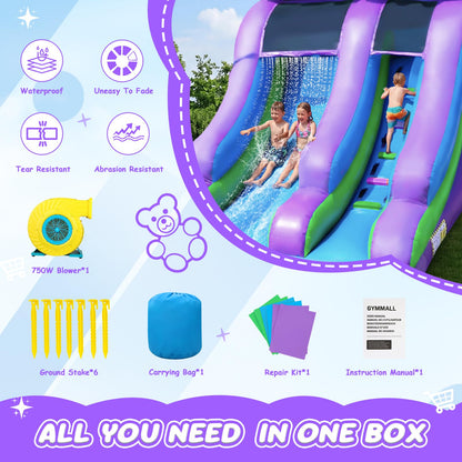 GYMMALL 21FT Inflatable Water Silde Commercial 100% PVC Grade for Adults and Kids, Blow up Heavy Duty Waterslide Bounce House with 750 W Blower and Large Pool for Outdoor, Party and Rental - Purple