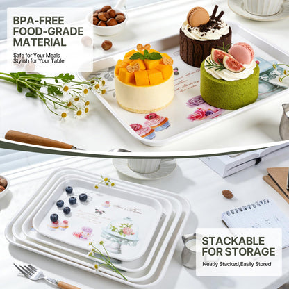 4-Pack Melamine Serving Tray Set - Rectangle Stackable Food Breakfast Fruit Platter with Floral Print for Gift Party Decor Home Restaurant (Cake)