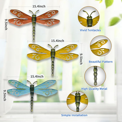 PLASUPPY Metal Dragonfly Wall Decor Outdoor Garden Fence Art Hanging Decorations for Patio, Yard, Indoor Home, Living Room, Bedroom, 3 Pack