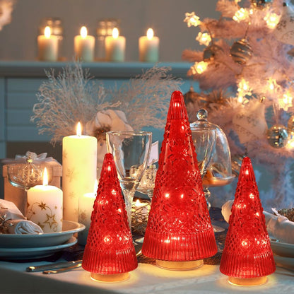 PHITRIC Christmas Decorations Indoor, 3 PCS Sparkling Glass Red Christmas Tree Table Centerpieces Decor with LED Lights and Timer, Xmas Tree Decorations for Home, Mantel, Shelf, Office, Tabletop