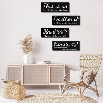 IDATOO 4 PCS Home Wall Decor Signs, Rustic Wooden Living Room Hanging Decorations with Quotes THIS IS US/TOGETHER/BLESS THIS/FAMILY, Housewarming Gifts for Wedding Kitchen
