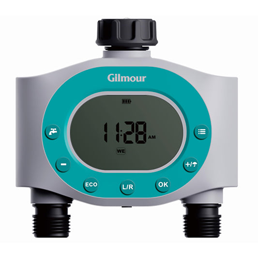 Gilmour Dual Outlet Water Timer for Garden Hose, Programmable Automatic Watering System, LCD Screen, Rain Delay, Battery Operated