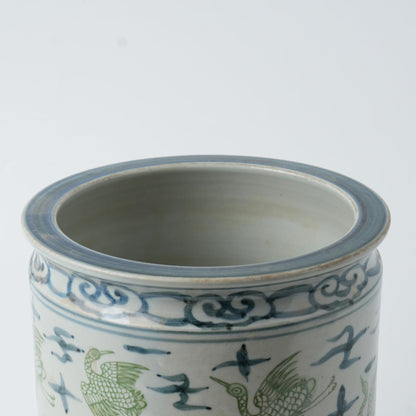 Antique Hand-Painted Flower and Bird Porcelain Pen Holder Old Style Ceramic Planter 9.7 Inch Large Plants Vase Blue & White Porcelain Silla Flower Plant Pots (Green and Blue)