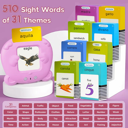 HALCONTORNO Bilingual English Italian Flash Cards - Talking Flash Cards for Kids, Pocket Speech for Toddlers 3-12, Educational Learning Audible Gift Play Cards Italian, Autism Sensory Toys (Pink)