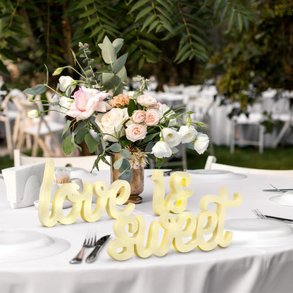 Glooglitter 3 Pcs Love Is Sweet Table Decor Wooden Love Is Sweet Sign LED Hollow Sign for Dessert Freestanding Letter Shelf Rustic Wedding Bridal Shower Engagement Bachelorette Party Decor(Beige)