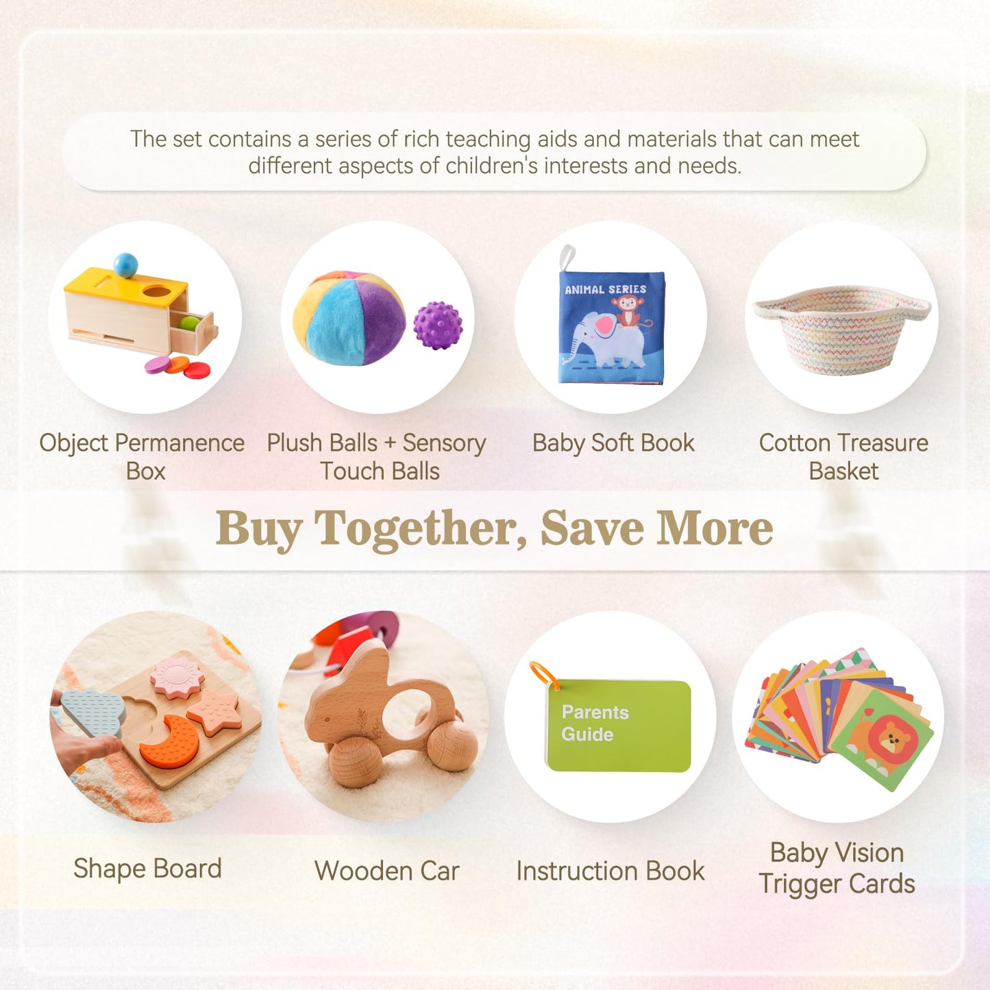 Montessori Toys for Babies 6-12 Months 6 in 1 Learning Educational Toys Set Wooden Toys Play Kit Includes Object Permanence Box, Touch & Match Board, Sensory Ball & Treasure Basket, Soft Baby Book