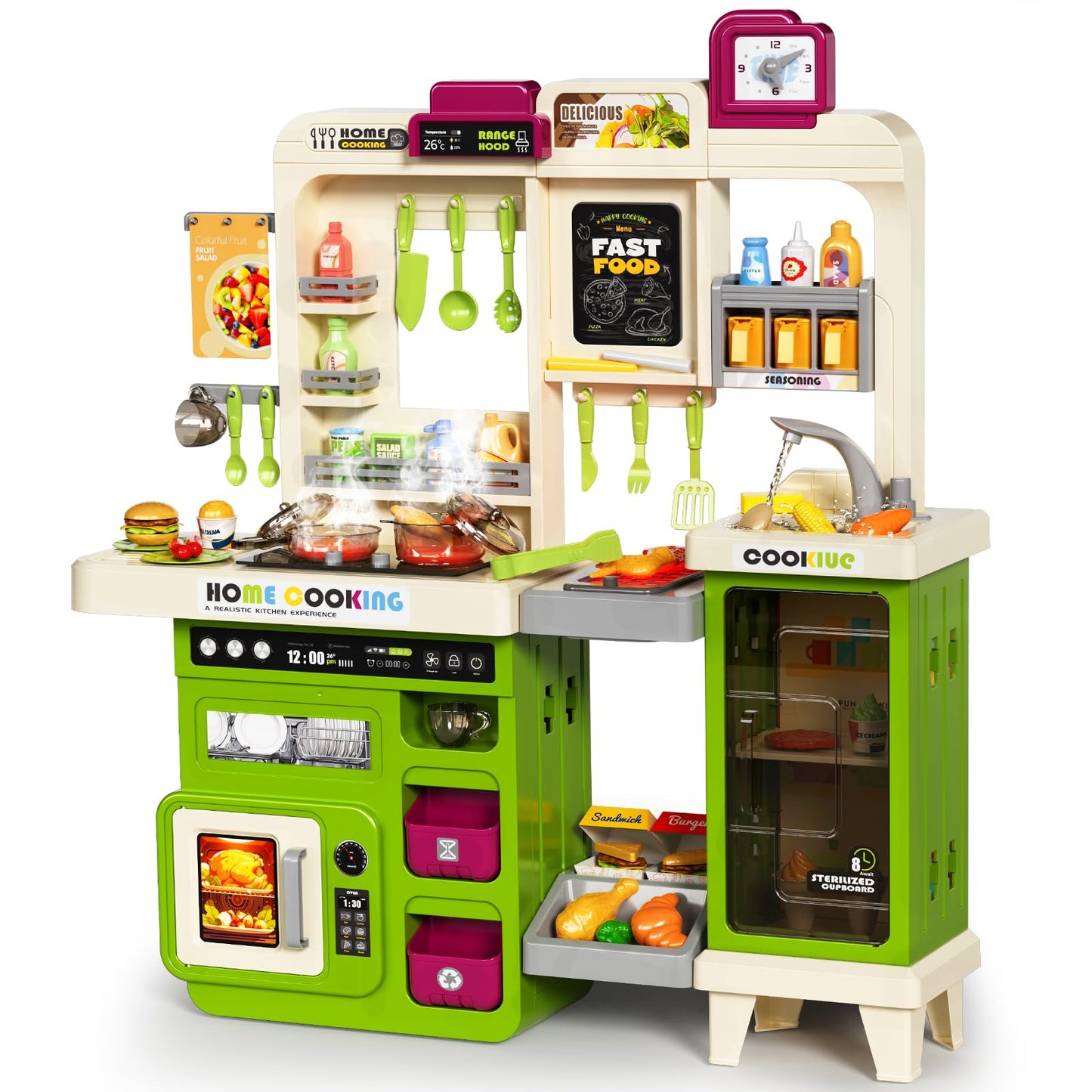 Pupu Pig Kids Kitchen Playset, Play Kitchen with Toy Stove, Grill, Sink, Play Food, ToyKitchen Accessories, Kitchen Interactive Play with Lights Sound Steam, Cooking Toys for Toddler Kid Gifts
