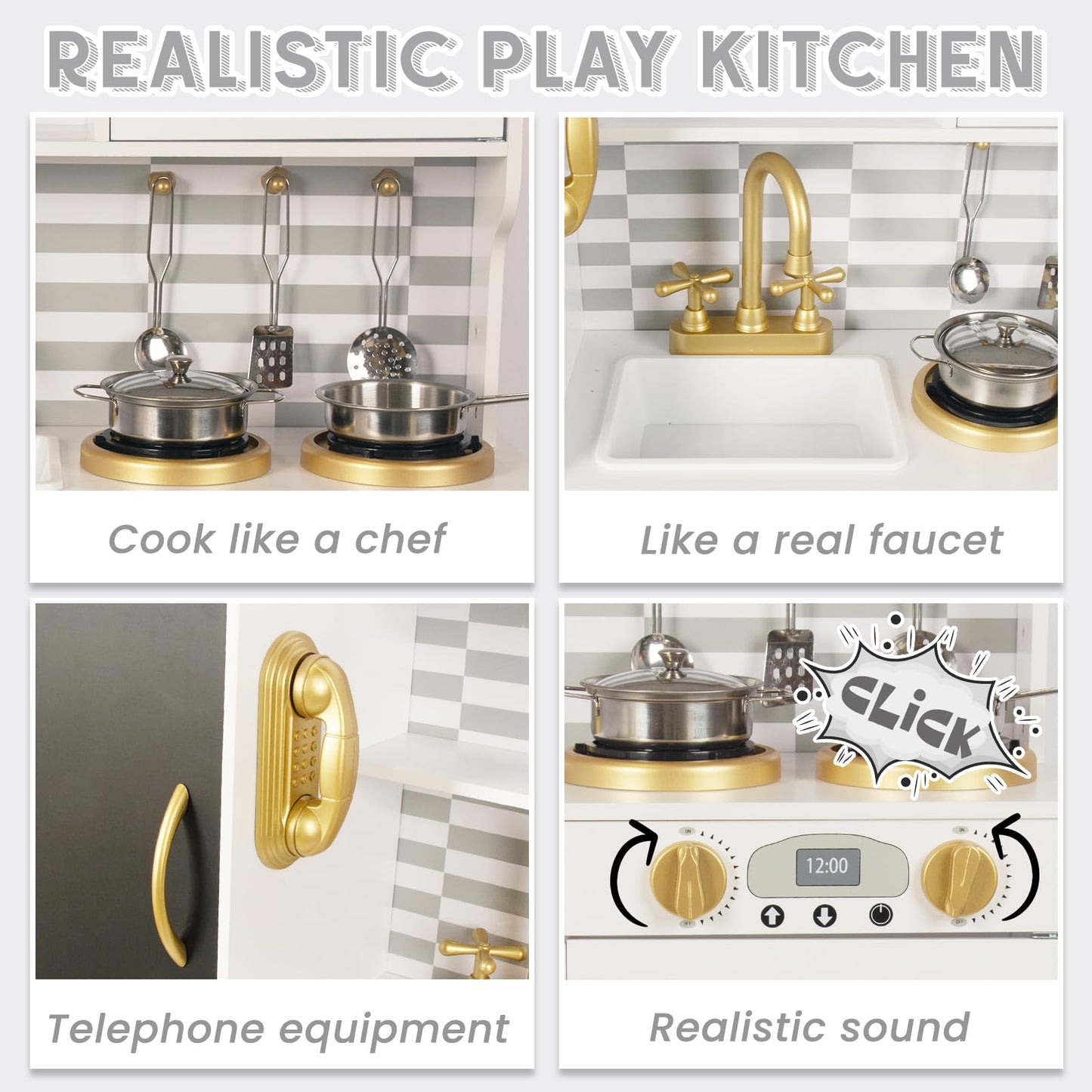 Kitchen Playset for Kids Ages 3-8, Wooden Kids Play Kitchen Chef Pretend Play Set for Toddlers, Toys Kitchen with Toy Food & Cookware Accessories