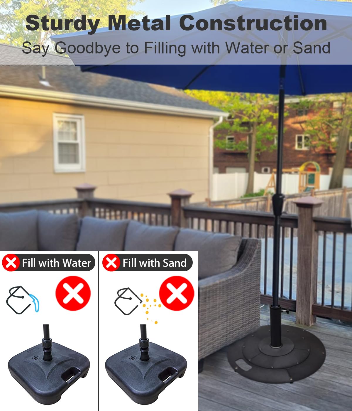 Koutemie 21 Inches Metal Umbrella Base with 2 Adapters for 1-¼" or 1-½" Umbrella Poles, Heavy Duty Weighted Outdoor Umbrella Stand Holder for Patio Table, Black