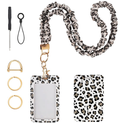 Scrunchie Lanyard Breakaway with ID Badge Holder - Leopard Style Stretchy Lanyards with ID Badges and Key Rings Set, Ideal for Mother's Day, Birthday, Workers Teachers Nurse Gifts