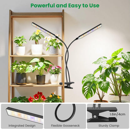 Aumtrly Grow Lights for Indoor Plants, 2 Head 114 LED Full Spectrum Clip on Plant Lights for Indoor Growing with 6/12/16H Timer, 5 Dimming, 3 Light Mode, Black Gooseneck Grow Lamp