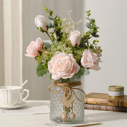 YJ Fake Flowers with Vase, Artificial Flowers Silk Roses Flower Bouquet in Vase, Faux Flower Arrangements,Farmhouse Table Decor,Table Decorations for Living Room,Coffee Table Decor(Pink)