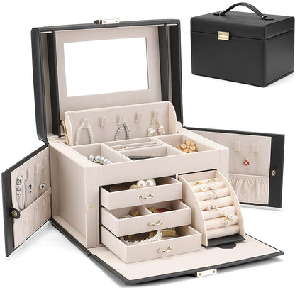 VLANDO Jewelry Box Organizer for Girls Women, Large Baroque Jewelry Holder Organizer with Mirror, 3 Drawers for Bracelets, Earrings, Rings, Necklaces, Mothers Day Gifts for Loved One, Black