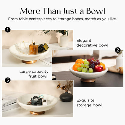 SAMAH White Marble Fruit Bowl with Acacia Wood Pedestal, Large Decorative Footed Bowl, Natural Stone Centerpiece for Kitchen Counter, Entryway, Keys, Dining Table, House Warming Gifts New Home(11Inch)