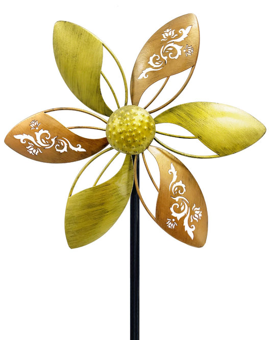 Gronhof 37" Metal Wind Spinner for Yard & Garden, 10" Kinetic Outdoor Garden Spinner, Rust-Resistant Decorative Yard Art (Gold Ornate Laser-Cut Floral)