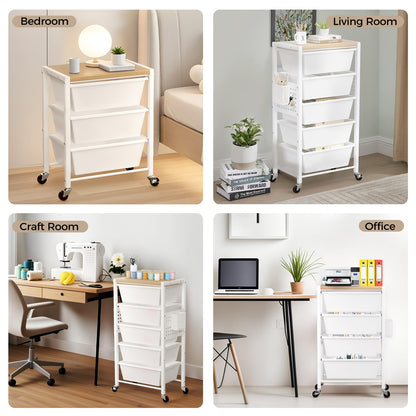 Rolling Cart with 3 Drawers, Plastic Drawer Storage Carts with Lockable Wheels & Wooden Tabletop, Metal Utility Cart Organizer, Office Bedroom Classroom Craft Organization and Storage, Bright White