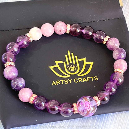 ARTSY Crafts Glow in The Dark Firefly Beads Bracelet, Handmade in USA, Luminous Murano Glass Beads Jewelry Mermaid Crystals Inspirational Gift (Amethyst - Stretch)
