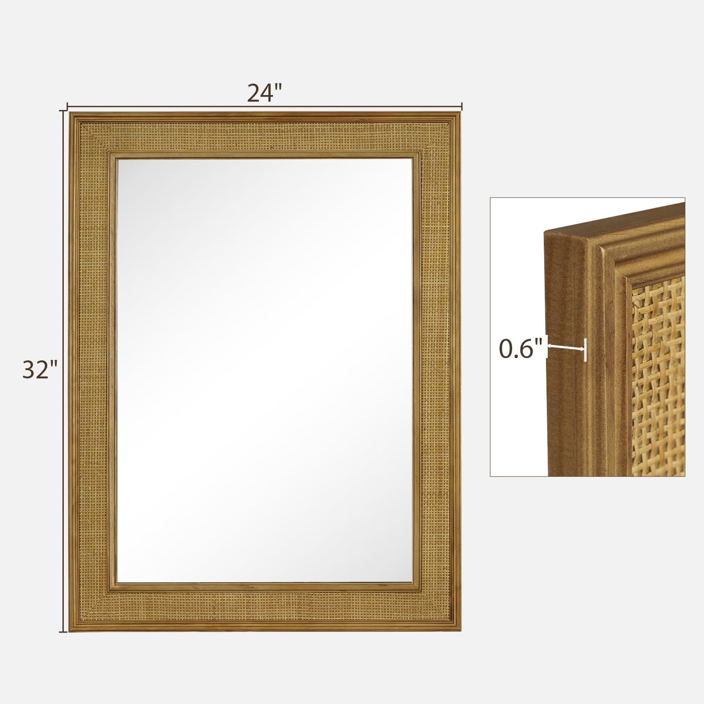 WallBeyond Rattan Wall Mirror Rectangle, 24 X 32 inch Rattan Mirror with Wooden Framed for Wall Decor Bathroom, Living Room, Entryway, Farmhouse, Bedroom