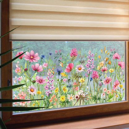 Colorful Wildflower Double-Sided Visual Window Stickers - Spring Summer Botanical Grass Decals PVC Static Cling Peel & Stick Removable Art Decals for Window Mirror Door,30 cm x 60 cm