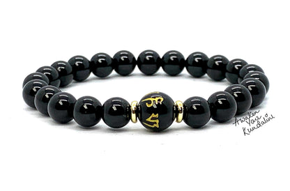Black Obsidian Buddhist Prayer Beads Stretch Bracelet | Om Mani Padme Hum Mantra | Scorpio Zodiac Birthstone for October November | Root Chakra Association (Wrist Size 9.5 Inches)