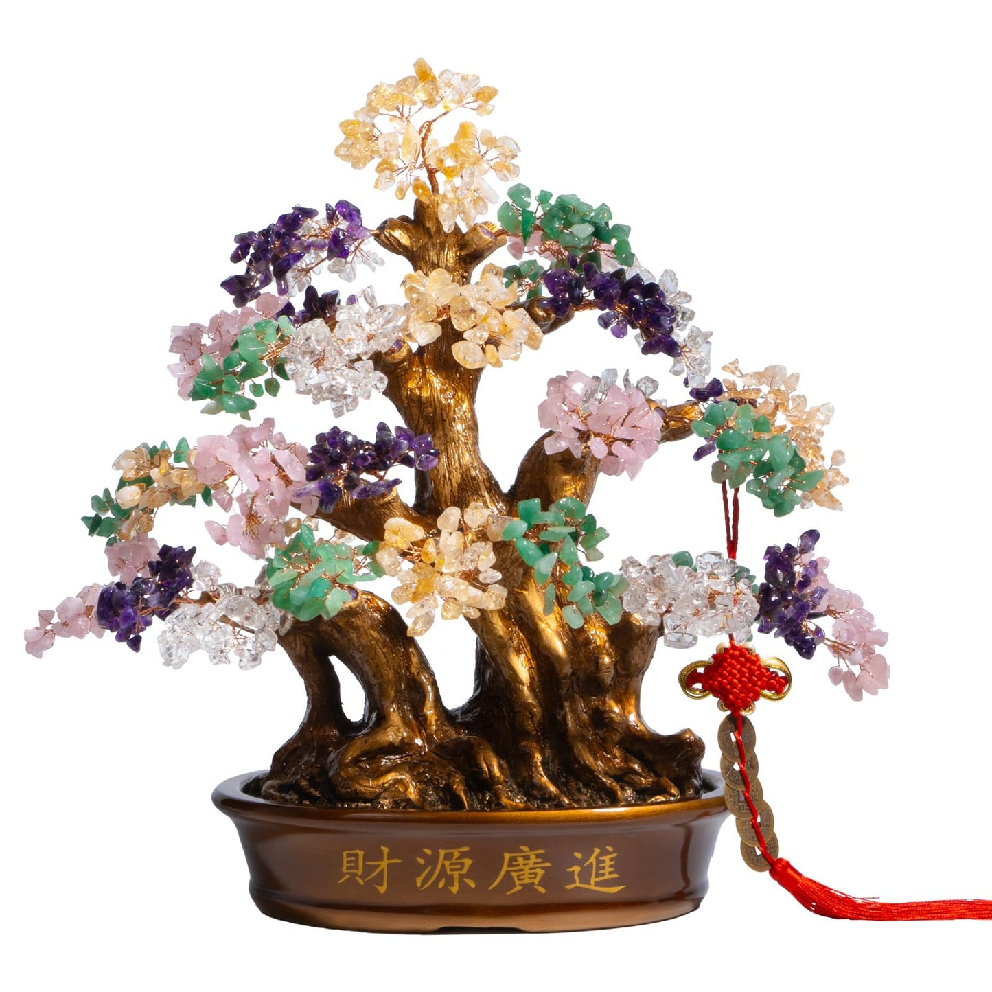 GEMBOURY Natural Bonsai Feng Shui Money Tree, 18'', Includes Lucky Coins Chain, Tree of Life (1300 Gemstone Count), Good Luck and Wealth