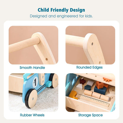 IEATFO Wooden Baby Walker Adjustable Height with Tool Bench and Toy Storage Wagon - Multifunctional Toddler Push Walker Ergonomically Designed for Natural Walking - 3+ Years of Continuous Use