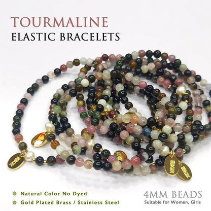 Morchic 4mm Natural Tourmaline Gemstone Beads Stretch Bracelet for Women, With Freshwater Pearls, Energy Gem Birthday Gift for Her 7.2”