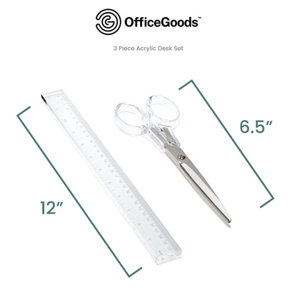 OfficeGoods 3 Piece Acrylic Desk Set - Includes Ruler, Staple Remover, Scissors - Functional & Elegant Desk Accessories - Stationary Tools for Home, Office, and School - Silver
