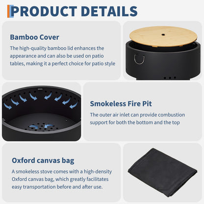 GarveeLife 30 Inch Smokeless Fire Pit, Outdoor Firepit Table with Removable Ash Pan, Bamboo Lid, Portable Carbon Steel Firepit for Outside, Backyard, Camping, Picnic, Black