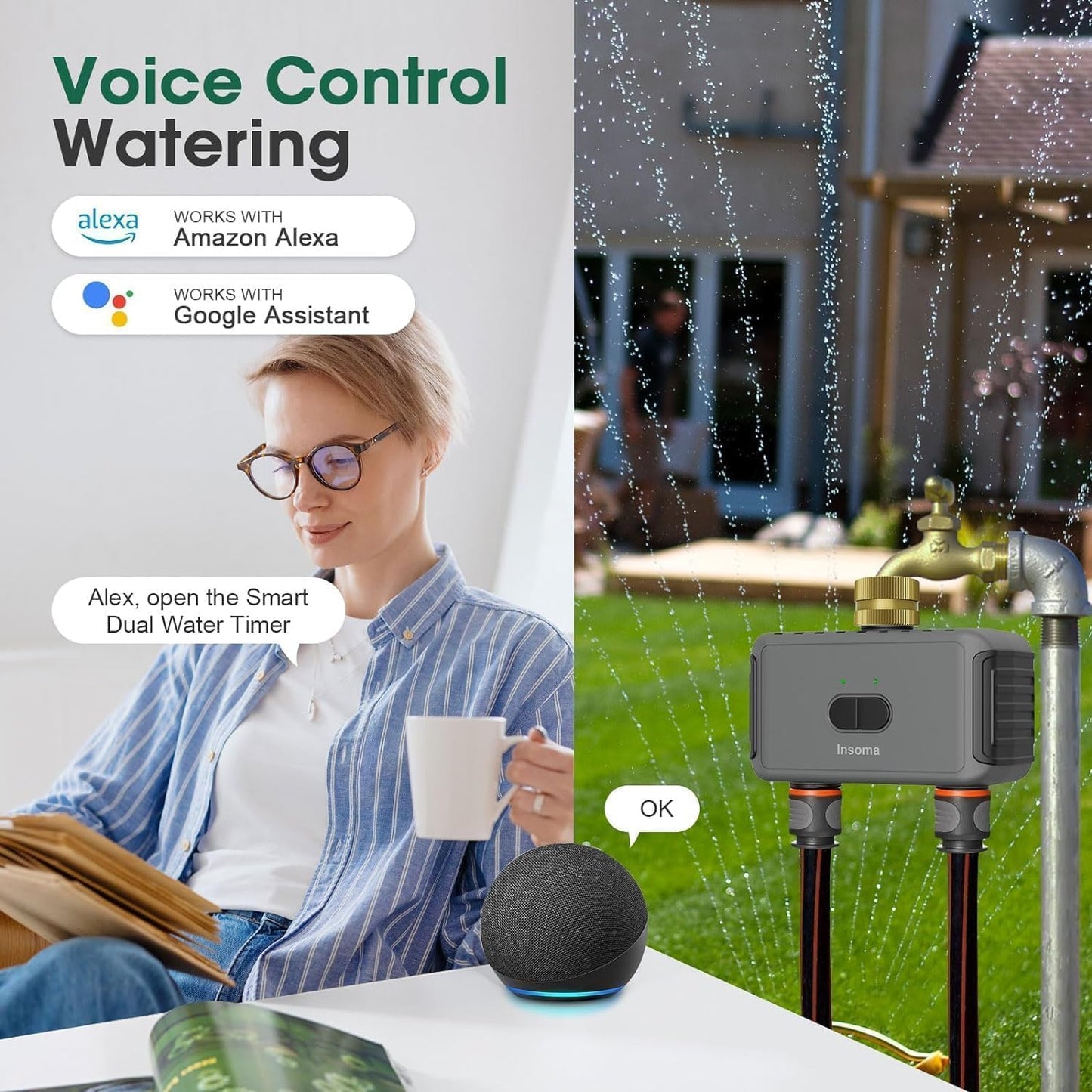 Smart Water Hose Timer Sprinkler Timer with 2 Outlet, Automatic Irrigation System Controller for Lawns and Yard, Compatible with Alexa