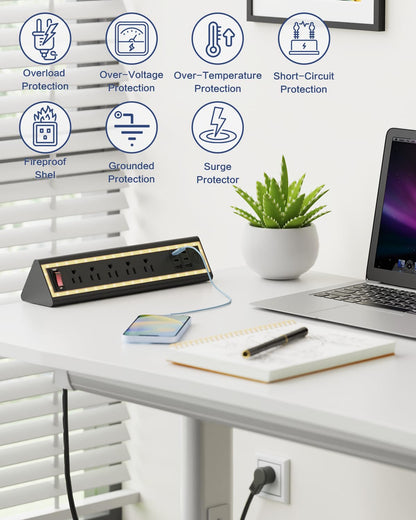 NYYTGE Desk Clamp Power Strip with Nightlight, 40W Fast Charging, 6FT Extension Cord, 4x20W USB-C & 2 USB Ports, 5 AC Outlets, Fits 1.69-Inch Table Edges