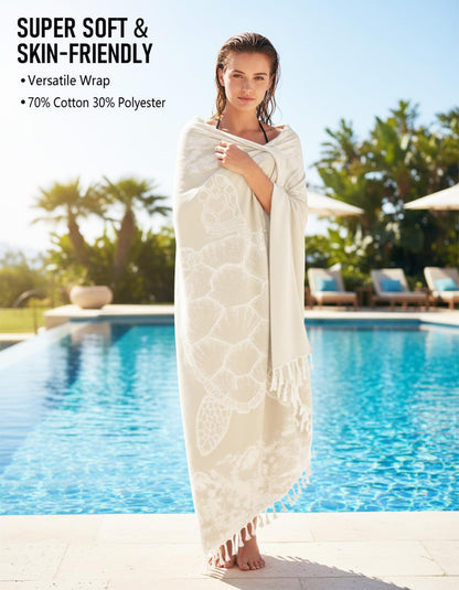 Yongoes Oversized Turkish Beach Towel Blanket Cotton Giant XL Sandproof Towels Huge Linen XXL Extra Large Big Throw Quilt Blankets for Adults Beige Turtle