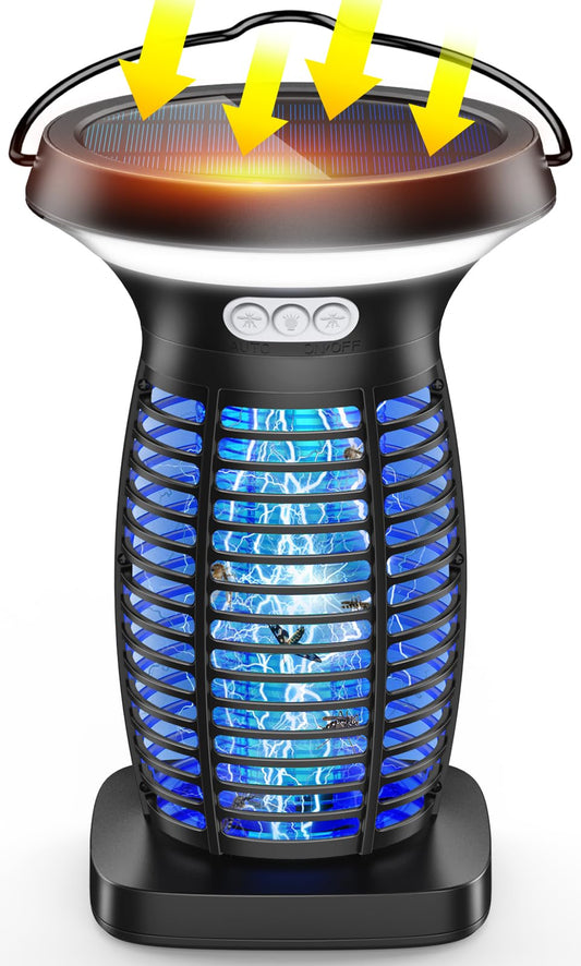 PhatroyYee Solar Bug Zapper Outdoor, 3-in-1 Mosquito Zapper Outdoor Solar Powered, Cordless Electric Bug Zapper Indoor with Night Light, Waterproof Fly Zapper for Patio Backyard Home Kitchen Camping