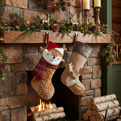 Valery Madelyn Christmas Stockings Decorations, 21 Inch Fabric Red Brown Sika Deer Cute Plush Personalized Fireplace Hanging Ornament for Holiday Xmas Party Decor