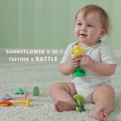 Baby Teething Toys 3-6 Months, Teether and Sensory Rattle for Babies 0-6 Months, Food Grade Silicone Teethers 6-12 Months, Infant Teething Relief Chew Toys, Sunnyflower Teether Toy BPA Free - Pink
