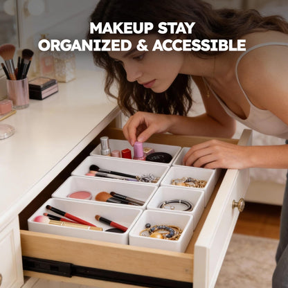 eazttouz 8 Pack Stackable Drawer Organizer Trays, Plastic Shallow Storage Bins for Bathroom Vanity, Desk Drawer, Kitchen, Makeup Organization, White (4M+4S)