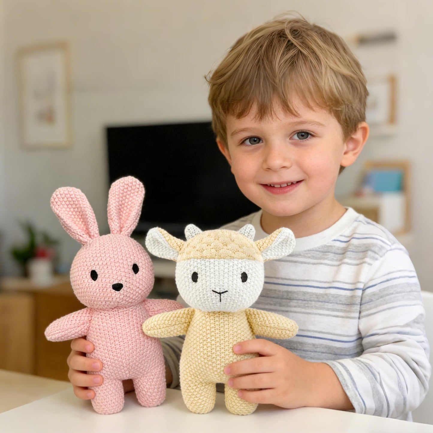 okegztoa 2 Pack Cotton Baby Plush Stuffed Animals Cute Bunny and Huggable Sheep Knitted Plush Toy Gifts for Kids and Newborns, Handmade Crochet Doll for Christmas, Easter (Rabbit+Sheep)