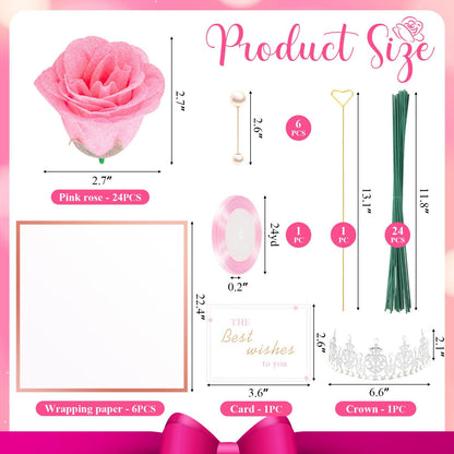TLY Glitter Roses Bouquet,24 Pcs Pink Flower Bouquet,Birthday Gifts for Women,DIY Artificial Flowers for Mom Grandma Wife Girlfriend Mother's Day Graduation Anniversary Engagement Wedding