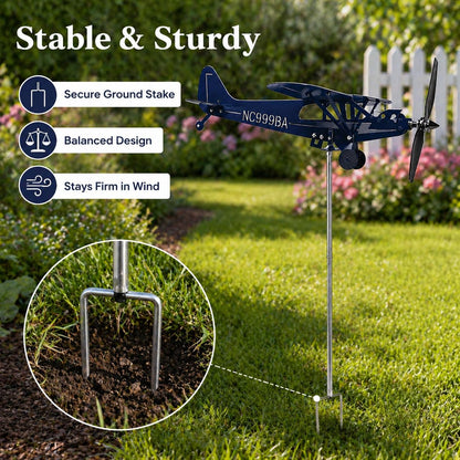 SDFRT Blue Airplane Weathervane, Kinetic Metal Wind Spinners for Yard and Garden, 3D Kinetic Wind Spinner Wind Catchers Sculpture, Airplane Weathervane Metal Wind Spinner (28 x 32 cm)
