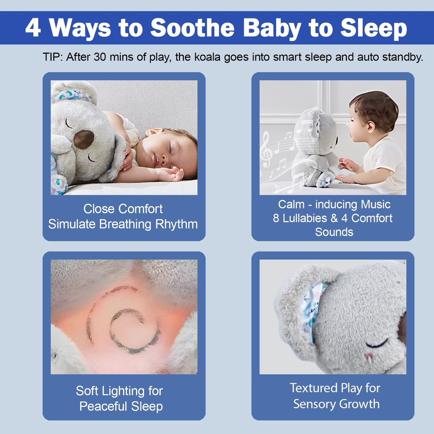 Anxiety Stuffed Animal - Relief Koala Bear for Adults & Kids, Soothing Plush with Breathing Motion, Calming Sleep Buddy, Music & Lights(Battery-Free)