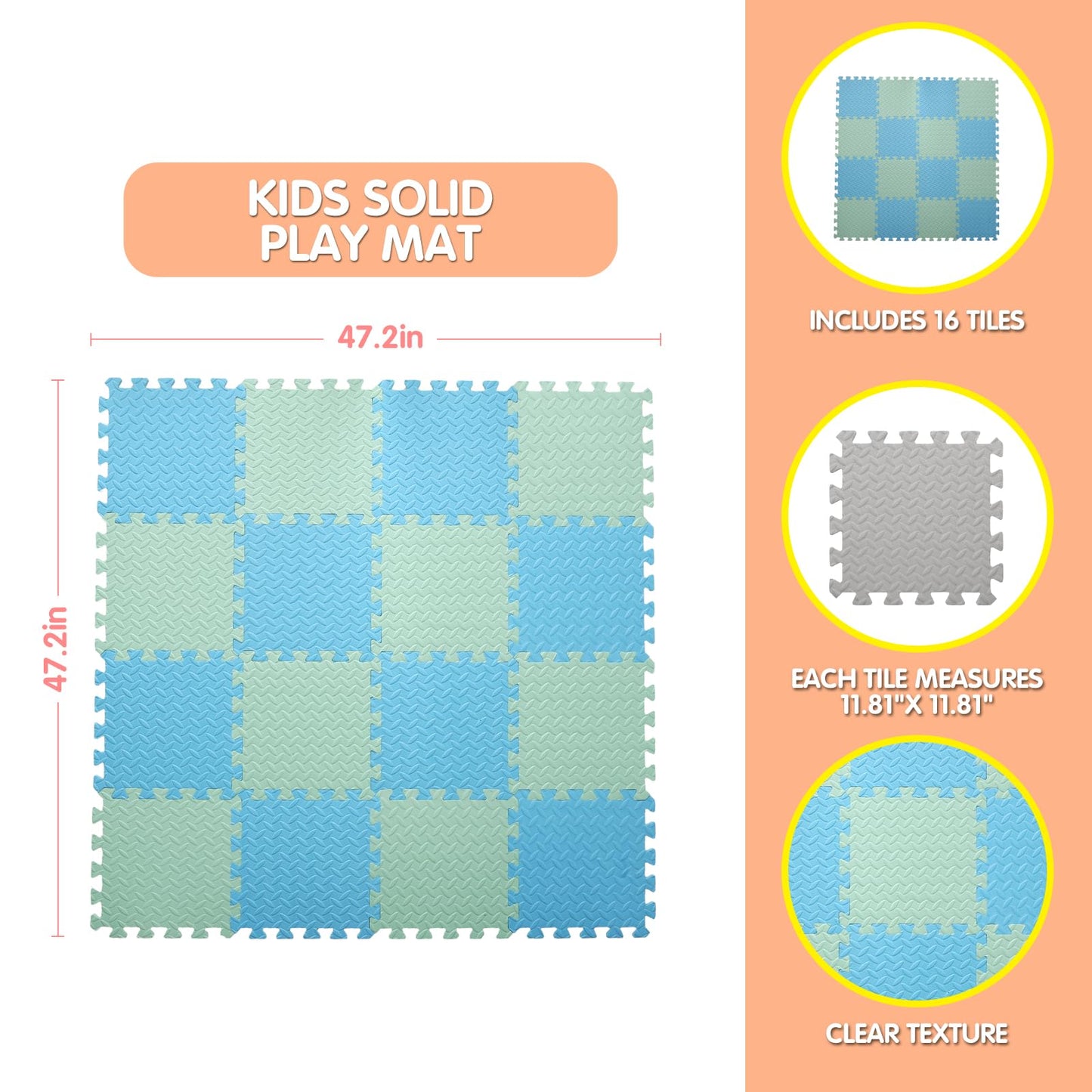 16 Tiles Foam Play Mat for Baby, Soft & Safe EVA Foam Mats for Floor, Square Baby Play Mat, Kids Foam Puzzle Floor Mat, 47x47 Play Mat for Playpen(Bean Green/Light Blue)
