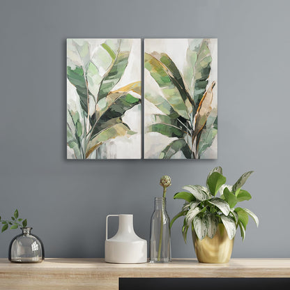 Botanical Wall Art Set Hand Painted, for Living Room plant wall art,Green Tropical Plant Leaf Wall Decor, Modern Banana Leaf Wall Painting, for Bedroom, Dining Room, Office - 12x20 Inch 2pack