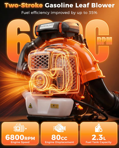 Getell 80cc Gas Backpack Leaf Blower, 900CFM 206MPH 2-Stroke Engine, Heavy-Duty Leaf & Snow Blower for Lawn, Garden & Commercial Use (Orange)